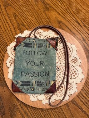 Mona B Teal and Brown Crossbody Pouch - "Follow Your Passion"